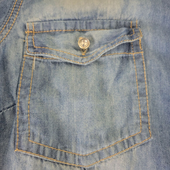 Cotton Express Shirt Womens Large Petite Blue Top Chambray Roll Tab‎ Button Up - Picture 12 of 15